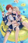  2boys amagi_hiiro ball bare_legs belt blonde_hair blue_eyes bracelet closed_mouth commentary_request dot_nose ensemble_stars! feet_out_of_frame green_eyes highres holding holding_water_gun innertube jewelry long_sleeves looking_at_viewer male_focus mc_copycat multiple_boys navel one_eye_closed open_mouth pool red_hair shiratori_aira_(ensemble_stars!) short_hair short_sleeves shorts snap-fit_buckle stomach teeth upper_teeth_only water water_gun 