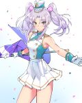  1girl bare_arms bare_shoulders breasts commentary_request commission cowboy_shot flag gloves hair_bobbles hair_ornament hat highres holding holding_flag hoshino_ruri kidou_senkan_nadesico long_hair matsuda_(matsukichi) mini_hat miniskirt pixiv_commission pleated_skirt purple_hair shirt skirt sleeveless sleeveless_shirt small_breasts solo standing thighs twintails white_gloves white_skirt yellow_eyes 