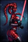  1girl alien black_border black_bra black_footwear black_gloves boots border bra candra colored_skin darth_talon elbow_gloves energy_sword english_text gloves holding_lightsaber lightsaber looking_at_viewer red_lightsaber red_skin star_wars sword thigh_boots twi&#039;lek underwear watermark weapon web_address yellow_eyes 