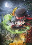  1boy baron_samedi baron_samedi_(cosplay) black_headwear cosplay crescent_moon finik gloves graveyard halloween halloween_costume hat highres looking_at_viewer moon night night_sky outdoors shadow_the_hedgehog sky solo sonic_(series) tombstone tree white_gloves 