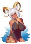  1girl :q absurdres animal_ears arknights bare_shoulders black_nails black_one-piece_swimsuit blush breasts carnelian_(arknights) carnelian_(shimmering_dew)_(arknights) casual_one-piece_swimsuit closed_mouth covered_navel crossed_legs dark-skinned_female dark_skin goat_ears goat_girl goat_horns highres horns impossible_clothes impossible_swimsuit jewelry large_breasts looking_at_viewer nail_polish necklace official_alternate_costume one-piece_swimsuit red_eyes rika_(akarika057) short_hair simple_background smile solo swimsuit thighlet tongue tongue_out white_background white_hair 