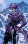  anthro athletic athletic_anthro athletic_male clothing felid hi_res latex latex_clothing looking_at_viewer looking_back male mammal pantherine pize smile snow_leopard solo 