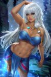  1girl arm_behind_head armlet armpits atlantis:_the_lost_empire bikini blue_bikini blue_eyes blurry blurry_background breasts collarbone earrings english_commentary facial_mark grey_hair hair_tubes highres jewelry kidagakash long_hair navel necklace neoartcore paid_reward_available patreon_username pelvic_curtain pendant solo strapless strapless_bikini swimsuit toned wading 