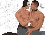  2boys abs absurdres bara belt black_belt black_hair brown_belt call_of_duty call_of_duty:_modern_warfare_2 closed_eyes couple english_text facial_hair french_kiss ghost_(modern_warfare_2) grey_pants highres iba_(kcokaine) kiss large_pectorals male_focus mask mask_lift multiple_boys muscular muscular_male navel nipples open_mouth pants pectorals short_hair sidecut sitting sitting_on_person skull_mask soap_(modern_warfare_2) topless_male yaoi 