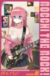  1girl absurdres amplifier bikini blue_eyes bocchi_the_rock! breasts copyright_name electric_guitar gotou_hitori guitar highres holding holding_instrument instrument jacket large_breasts mr_tangsuyuk off_shoulder open_clothes open_jacket pink_hair pink_jacket pleated_skirt poster_(medium) poster_(object) skirt solo strap swimsuit track_jacket white_bikini 