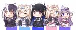  5girls :d ;d ;p absurdres animal_ear_fluff animal_ears bandaid_hair_ornament black_coat black_dress black_hair black_horns black_jacket black_wings blonde_hair blue_eyes blue_hair blue_hairband blush center-flap_bangs chest_jewel chibi coat collared_shirt colored_inner_hair cropped_jacket crossed_bangs crown demon_horns detached_sleeves detached_wings dog_ears dog_girl dog_tail double-parted_bangs dress everyone fake_horns fangs flower_knot fuwawa_abyssgard gem gradient_hair grey_hair grin hair_between_eyes hair_flaps hair_ornament hairband hairclip hand_up headpiece highres holoadvent hololive hololive_english horns jacket jewel_under_eye koseki_bijou long_hair long_sleeves looking_at_viewer low_wings mococo_abyssgard moon_ldl multicolored_hair multiple_girls nerissa_ravencroft one_eye_closed open_mouth pink_eyes pink_hair pink_hairband purple_eyes purple_gemstone purple_hair red_eyes shiori_novella shirt short_hair sidelocks single_detached_sleeve sleeveless sleeveless_dress smile split-color_hair straight_hair strapless strapless_dress streaked_hair tail tassel tassel_hair_ornament tongue tongue_out two_side_up uneven_horns very_long_hair virtual_youtuber white_dress white_shirt wings yellow_eyes 