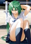  angry aqua_eyes arm_up black_skirt black_socks breasts clenched_teeth collarbone collared_shirt commentary_request day grey_hair hair_ribbon highres higurashi_no_naku_koro_ni long_hair looking_at_viewer mac_naut medium_breasts on_ground outdoors pleated_skirt ribbon shirt short_sleeves sitting skirt socks sonozaki_shion teeth thighs uniform v-shaped_eyebrows white_shirt 