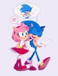  1boy 1girl amy_rose animal_ears animal_nose dress furry furry_female furry_male gloves green_eyes hairband heart highres kady_(miukeii) open_mouth pink_fur pink_hair red_dress red_footwear red_hairband shoes simple_background smile sonic_(series) sonic_the_hedgehog sparkle speech_bubble spoken_heart thought_bubble white_gloves 