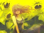  1girl bare_shoulders breasts dress floating_hair flower grey_dress hair_between_eyes konnyakutarooou light_brown_hair long_hair looking_at_viewer medium_breasts original smile solo standing sunflower yellow_background yellow_eyes yellow_flower 