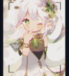  blurry blurry_background commentary_request cross-shaped_pupils detached_sleeves dress eyelashes genshin_impact green_eyes hand_on_own_face heart kakiringo letterboxed medium_hair nahida_(genshin_impact) one_eye_closed pointy_ears sleeveless sleeveless_dress symbol-shaped_pupils white_hair 