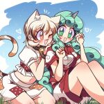  2girls animal_ears bell blush breasts brown_eyes brown_hair cat_ears cat_girl cat_tail crop_top goutokuji_mike green_eyes grey_hair heart highres horns komano_aunn littlecloudie long_hair medium_breasts multicolored_hair multiple_girls navel neck_bell one_eye_closed open_mouth seiza short_hair single_horn sitting smile streaked_hair tail touhou white_hair yuri 