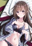  1girl absurdres blush bra breasts brown_hair cleavage collarbone highres hominotsu japanese_clothes kimono large_breasts long_hair looking_at_viewer lying navel on_back on_bed open_clothes open_mouth original panties purple_eyes solo underwear yukata 