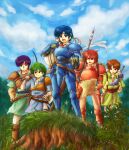  5boys :d alm_(fire_emblem) blue_armor blue_eyes blue_hair brown_hair fire_emblem fire_emblem_gaiden gray_(fire_emblem) green_hair holding holding_map holding_sword holding_weapon kliff_(fire_emblem) lukas_(fire_emblem) map multiple_boys open_mouth outdoors purple_hair red-50869 red_armor red_hair smile standing sword tobin_(fire_emblem) weapon 