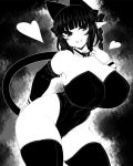  1girl :3 animal_ears arm_behind_back blunt_bangs bow braid breasts cat_ears cat_girl cat_tail cleavage commentary_request cowboy_shot curvy detached_collar detached_sleeves extra_ears fang greyscale groin hair_bow haseru_(ginku_mh) heart huge_breasts kaenbyou_rin leaning_forward leotard looking_at_viewer monochrome multiple_tails nekomata open_mouth pointy_ears side_braids sidelocks skin_fang smile solo tail thighhighs touhou twin_braids two_tails 