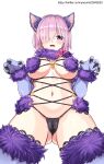  1girl :d animal_ears ass_visible_through_thighs bikini blue_gloves blue_thighhighs blush breasts cameltoe claws fang fate/grand_order fate_(series) fur_trim gloves hair_over_one_eye highres long_bangs looking_at_viewer mash_kyrielight mash_kyrielight_(dangerous_beast) navel purple_eyes short_hair simple_background smile solo swimsuit thighhighs white_background wolf_ears yasumi22842620 
