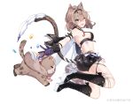 1girl :d animal_ears bikini bikini_top_only black_bikini black_gloves black_shorts boots breasts brown_hair can_(honkai_impact) cat_ears cat_girl cat_tail fang full_body gem gloves green_eyes headband high_heel_boots high_heels highres honkai_(series) honkai_impact_3rd kz_aki looking_at_viewer looking_to_the_side medium_hair one_eye_closed pardofelis_(honkai_impact) shorts sideboob simple_background smile solo swimsuit tail thigh_boots white_background 