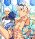  3boys abs alternate_costume archer_(fate) bara bare_pectorals black_hair blue_eyes closed_mouth collarbone eyewear_on_head fate/grand_order fate_(series) food food_in_mouth fujimaru_ritsuka_(male) hair_between_eyes hawaiian_shirt highres holding holding_food holding_ice_cream ice_cream large_pectorals looking_to_the_side male_focus multiple_boys muscular muscular_male pectorals percival_(fate) popsicle popsicle_in_mouth shirt short_hair smile twitter_username watermelon_bar white_hair yaekaidou 