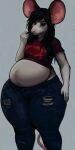  anthro bedroom_eyes belly big_belly black_hair bottomwear clothing denim denim_clothing female flat_chested fur green_eyes grey_body grey_fur hair hand_on_hip huge_ears huge_thighs jeans looking_at_viewer mammal midriff mouse murid murine narrowed_eyes overweight overweight_anthro overweight_female pants portrait rat_tail red_clothing red_shirt red_topwear rodent seductive shirt simple_background slob smile smirk solo source_request thick_thighs three-quarter_portrait three-quarter_view topwear torn_bottomwear torn_clothing torn_jeans torn_pants unknown_artist wide_hips 