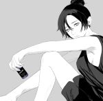  1girl animification apex_legends barefoot bottle breasts greyscale hair_behind_ear hair_between_eyes hair_bun head_tilt highres holding holding_bottle looking_at_viewer medium_breasts monochrome nose_piercing piercing pill_bottle shadow shirt shorts sideboob single_hair_bun sleeveless sleeveless_shirt solo wraith_(apex_legends) yoda_722 