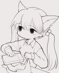  1girl 3yo4yo5yo akane_(3yo4yo5yo) animal_ear_fluff animal_ears animal_hands bag cat_ears cat_girl collared_shirt eyes_visible_through_hair furry furry_female greyscale hair_between_eyes highres holding holding_bag jacket lineart long_hair looking_away monochrome original plastic_bag shirt sketch twintails 