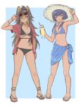  2girls adjusting_clothes adjusting_eyewear adjusting_headwear animal_ears arm_up bikini black_bikini black_hair blonde_hair blue_background blue_bikini blue_eyes blue_hair blue_sarong border bracelet candace_(genshin_impact) cat_ears cocktail_glass cup dehya_(genshin_impact) drinking_glass earrings eyewear_on_head full_body genshin_impact hair_tubes hat heterochromia highres holding holding_cup jewelry long_hair looking_at_viewer medium_hair multicolored_hair multiple_girls necklace noe_aoikaba outside_border parted_lips red_shirt sandals sarong shirt side-tie_bikini_bottom sidelocks simple_background standing streaked_hair sun_hat sunglasses swimsuit swimsuit_under_clothes two-tone_hair white_border yellow_eyes 
