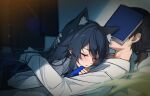  1boy 1girl animal_ears arknights bed black_coat black_hair blue_gloves blurry blurry_foreground blush book book_on_head closed_eyes clothes coat commentary covering_face doctor_(arknights) fingerless_gloves gloves hand_on_another&#039;s_head highres indoors long_hair long_sleeves lying lying_on_person male_doctor_(arknights) object_on_head on_back plant shirt shokuyou_koori short_ponytail swept_bangs texas_(arknights) texas_the_omertosa_(arknights) white_shirt wolf_ears wolf_girl 