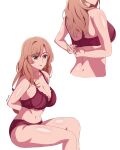 1girl absurdres artist_name bra breasts brown_eyes brown_hair cleavage commentary earrings english_commentary fiftya highres jewelry large_breasts lingerie long_hair mature_female navel oshi_no_ko panties red_bra red_panties saitou_miyako solo sweat underwear undressing white_background 