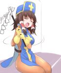  1girl blue_headwear blue_tabard bodysuit brown_hair closed_eyes commentary_request cross dragon_quest dragon_quest_iii frilled_hair_tubes frills gloves gohei hair_tubes hakurei_reimu hat highres holding holding_gohei medium_hair mitre motion_lines open_mouth orange_bodysuit priest_(dq3) sitting solo swinging tabard teeth touhou upper_teeth_only vanishingknife yellow_gloves 