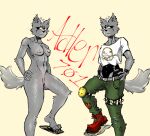  adler701 anthro boots bottomwear bracelet canid canine canis clothing crop_top duo female footwear jewelry knee_pads mammal nirvana nude pants patch_(fabric) punk shaded shirt signature simple_background simple_eyes simple_shading spiked_bracelet spikes topwear wolf 