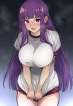  1girl blue_background breasts buruma embarrassed fern_(sousou_no_frieren) gradient_background gym_uniform highres holding holding_clothes holding_shirt large_breasts long_hair looking_at_viewer nakahira_guy purple_eyes purple_hair red_buruma shirt solo sousou_no_frieren steam sweat thighs very_long_hair white_background 