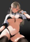  1girl atago_(azur_lane) atago_(azur_lane)_(cosplay) atago_(stunning_speedster)_(azur_lane) azur_lane bikini black_bikini black_thighhighs breasts commentary cosplay cowboy_shot grey_background grey_hair hair_over_one_eye highres long_hair looking_at_viewer navel parted_lips purple_eyes race_queen revision shrug_(clothing) simple_background smile solo steaming_body stomach swimsuit symbol-only_commentary thighhighs underboob wefightasone_1 wrist_cuffs 