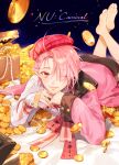  1boy ahoge aster_(nu_carnival) barefoot beret blush coin copyright_name crossed_ankles feet feet_up gold_coin hair_over_one_eye hat head_on_hand head_rest jacket jewelry long_sleeves looking_at_viewer lying male_focus necklace nu_carnival on_stomach one_eye_closed parted_bangs pearl_necklace pink_hair plaid_headwear pointy_ears puthialt red_eyes ribbon short_hair shorts smile soles solo toes treasure_chest 