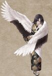  1girl bird black_hair black_kimono black_wings brown_background closed_mouth crane_(animal) eyeliner feathered_wings floral_print full_body geta hand_on_own_shoulder hand_up highres japanese_clothes kimono long_hair long_sleeves looking_at_viewer makeup multiple_wings one_eye_closed original personification print_kimono ramuya_(lamb) red_eyes seigaiha self_hug socks solo standing straight_hair tabi two-tone_kimono two-tone_wings white_kimono white_socks white_wings wings 