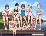  6+girls absurdres arms_behind_back ball beachball bikini black_eyes black_hair blonde_hair blue_eyes braid brown_eyes brown_hair can casual_one-piece_swimsuit cloud cloudy_sky commentary contrapposto dark-skinned_female dark_skin english_commentary feet_up floral_print glasses green_eyes hair_over_eyes hand_on_another&#039;s_shoulder hand_on_own_hip head_tilt highres holding holding_ball holding_can looking_at_another looking_at_viewer low_twintails lying medium_hair multiple_girls muscular muscular_female on_stomach one-piece_swimsuit original ostwindprojekt outdoors own_hands_together parted_lips pier ponytail pool_ladder profile rectangular_eyewear red_hair shore short_hair sitting sky smile standing swimsuit tree twin_braids twintails water 