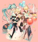  1boy 2girls bag balloon bare_shoulders black_footwear black_sailor_collar black_shorts black_skirt black_sleeves black_socks blonde_hair blue_eyes blue_hair blue_necktie boots breasts brother_and_sister collared_shirt commentary_request confetti detached_sleeves hair_ornament hair_ribbon hairband hairclip hatsune_miku highres holding holding_bag hug hug_from_behind kagamine_len kagamine_rin long_hair long_sleeves loose_socks medium_breasts multiple_girls necktie paper_bag pink_background pleated_skirt puffy_short_sleeves puffy_sleeves ribbon saihate_(d3) sailor_collar shirt shoe_soles shoes shopping_bag short_shorts short_sleeves shorts siblings skirt sleeveless sleeveless_shirt socks swept_bangs thigh_boots twintails very_long_hair vocaloid white_footwear white_hairband white_ribbon white_shirt wide_sleeves yellow_necktie 