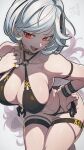  1girl alter_ego_malevolent_(granblue_fantasy) artist_name bikini black_bikini breasts collarbone djeeta_(granblue_fantasy) earrings granblue_fantasy grey_background hand_on_own_hip hata4564 highres jewelry large_breasts long_hair looking_at_viewer open_mouth red_eyes simple_background solo swimsuit teeth thigh_strap thighs upper_teeth_only white_hair 
