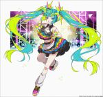  1girl :d bare_shoulders black_gloves black_shirt black_skirt blue_hair blue_shirt blue_skirt blunt_bangs catch_the_wave_(vocaloid) collared_shirt copyright cropped_shirt facial_mark fingerless_gloves foot_up full_body gloves green_hair hakusai_(tiahszld) hatsune_miku heart heart_facial_mark heart_hands highres kneehighs layered_shirt layered_skirt long_bangs long_hair loose_socks midriff multicolored_clothes multicolored_hair multicolored_skirt nail_polish navel open_mouth pink_footwear pink_shirt pink_skirt platform_footwear pleated_skirt red_nails shirt shoes sidelocks simple_background skirt sleeveless sleeveless_shirt smile socks solo star_(symbol) star_facial_mark teeth twintails two-tone_hair upper_teeth_only very_long_hair vocaloid white_background white_socks yellow_shirt yellow_skirt 