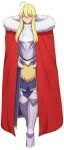  1girl ahoge armor artoria_pendragon_(fate) artoria_pendragon_(lancer)_(fate) blonde_hair breastplate cape expressionless eyebrows_hidden_by_hair fate/grand_order fate_(series) full_body fur-trimmed_cape fur_trim greaves green_eyes hair_between_eyes highres long_bangs long_hair lvl_(sentrythe2310) red_cape simple_background solo white_background 