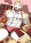  1boy abs absurdres animal_collar animal_ears bara beard blonde_hair boxer_briefs bulge candy chocolate chocolate_on_body chocolate_on_pectorals christory_yyb collar copyright_request dog_boy dog_ears dog_tail ears_down facial_hair feet_out_of_frame food food_on_body furrification furry heart heart-shaped_chocolate highres large_pectorals leash looking_at_viewer male_focus male_underwear mature_male muscular muscular_male mustache navel navel_hair nipples pectorals red_male_underwear short_hair sideburns solo spread_legs stomach tail thick_eyebrows thick_thighs thighs topless_male underwear valentine yellow_fur 