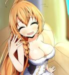  1girl ahoge baguhatena bare_shoulders blurry blurry_background blush bow braid breasts breath chair cleavage closed_eyes collarbone commentary eyelashes fanning fanning_face fanning_self hair_between_eyes large_breasts long_hair nervous_smile on_chair open_mouth orange_hair pecorine_(princess_connect!) princess_connect! sidelocks sitting sleeveless smile sweat upper_body 