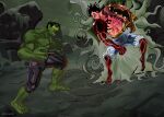  2boys artist_name black_hair closed_mouth colored_skin crossover fighting fighting_stance full_body gear_fourth green_skin highres hulk iheartist looking_at_another marvel monkey_d._luffy multiple_boys muscular muscular_male one_piece open_mouth short_hair shorts signature topless topless_male 