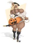  anthro bedroom_eyes big_breasts big_butt blonde_hair bodypaint boots bottomwear braided_hair breasts brown_body brown_fur butt cleavage clothed clothing corset dullvivid ear_piercing ear_ring female footwear fur hair half-closed_eyes halloween hi_res high_heels holidays huge_breasts huge_butt inviting jack-o&#039;-lantern lingerie long_hair looking_at_viewer looking_back mammal melee_weapon miniskirt mouse murid murine narrowed_eyes piercing pirate pirate_hat ring_piercing rodent saber seductive simple_background skirt smile smirk smug smug_face smug_grin solo sword thick_thighs topwear weapon white_background wide_hips 