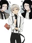  2boys akat42273008 akutagawa_ryuunosuke_(bungou_stray_dogs) ascot black_eyes black_gloves black_hair black_jacket black_necktie black_pants black_shirt book bungou_stray_dogs closed_mouth collared_jacket collared_shirt cowboy_shot fingerless_gloves frown gloves grey_hair grey_jacket highres holding holding_book jacket looking_at_viewer male_focus multicolored_hair multiple_boys nakajima_atsushi_(bungou_stray_dogs) necktie pants shirt short_hair standing suspenders sweatdrop thought_bubble two-tone_hair v-shaped_eyebrows white_ascot white_background white_hair white_necktie white_shirt yellow_eyes 