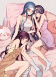  3girls ass bandaged_leg bandages bare_shoulders blue_hair breasts brown_jacket cleavage collarbone danganronpa:_trigger_happy_havoc danganronpa_(series) danganronpa_2:_goodbye_despair danganronpa_v3:_killing_harmony ear_bow glasses hand_up heart heart_pillow highres jacket kkochmeli large_breasts long_hair long_sleeves lying maizono_sayaka monokuma multiple_girls on_side pillow pink_eyes purple_hair shirogane_tsumugi shoes sitting smile socks tsumiki_mikan usami_(danganronpa) white_socks 