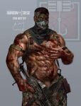 1boy abs absurdres artbyming bara black_hair blood blood_on_body blood_on_clothes blood_on_hands copyright_name dated green_pants gun highres holding holding_gun holding_weapon kapkan_(rainbow_six_siege) large_pectorals male_focus muscular muscular_male navel nipples open_pants pants pectorals penis penis_peek rainbow_six_siege short_hair solo weapon 