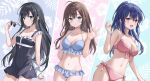  3girls :d aqua_eyes arm_behind_back bare_shoulders bikini black_dress black_hair blue_bikini blue_eyes blue_hair breasts brown_hair cleavage collarbone covered_navel dress front-tie_bikini_top front-tie_top hair_ornament higeneko holding holding_removed_eyewear leg_grab medium_breasts midriff multiple_girls navel open_mouth original pink_bikini pink_eyes polka_dot polka_dot_bikini ponytail sidelocks sleeveless sleeveless_dress smile stomach stomach_day sunglasses swimsuit thigh_gap unworn_eyewear waving x_hair_ornament 