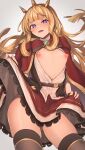  10shock 1girl black_footwear black_thighhighs blonde_hair breasts cagliostro_(granblue_fantasy) granblue_fantasy hairband highres lifted_by_self long_hair looking_at_viewer nipples open_mouth purple_eyes red_skirt skirt small_breasts smile spiked_hairband spikes thighhighs tiara 