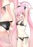  1girl absurdres adjusting_clothes adjusting_swimsuit alternate_costume armpits arms_up ass back bikini black_bikini blue_archive blush_stickers breasts butt_crack commentary_request cross-shaped_pupils fang halo highres koyuki_(blue_archive) long_hair looking_at_viewer multiple_views navel open_mouth pink_eyes pink_hair side-tie_bikini_bottom simple_background skin_fang small_breasts smile sweat swimsuit symbol-shaped_pupils teruisi v-shaped_eyebrows very_long_hair wet white_background 