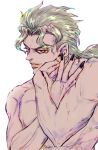  1boy backlighting black_nails blonde_hair dio_brando fingernails highres jojo_no_kimyou_na_bouken looking_at_viewer male_focus muscular muscular_male red_eyes ruushii_(lucy_steel6969) sharp_fingernails solo stardust_crusaders topless_male white_background 