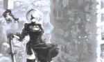  1girl blindfold breasts cleavage_cutout closed_mouth clothing_cutout commentary_request cowboy_shot expressionless gloves greyscale hairband katana long_sleeves medium_breasts mogukk monochrome nier:automata nier_(series) panties pod_(nier:automata) short_hair spot_color sword thighhighs underwear weapon yorha_no._2_type_b 